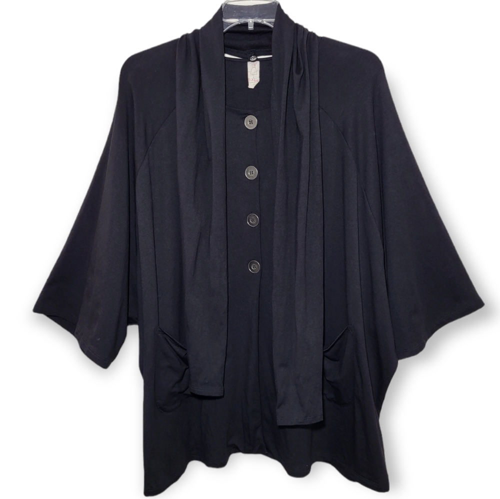 Chalet et Ceci Oversized Black Button Up Top with Detachable Scarf 1X